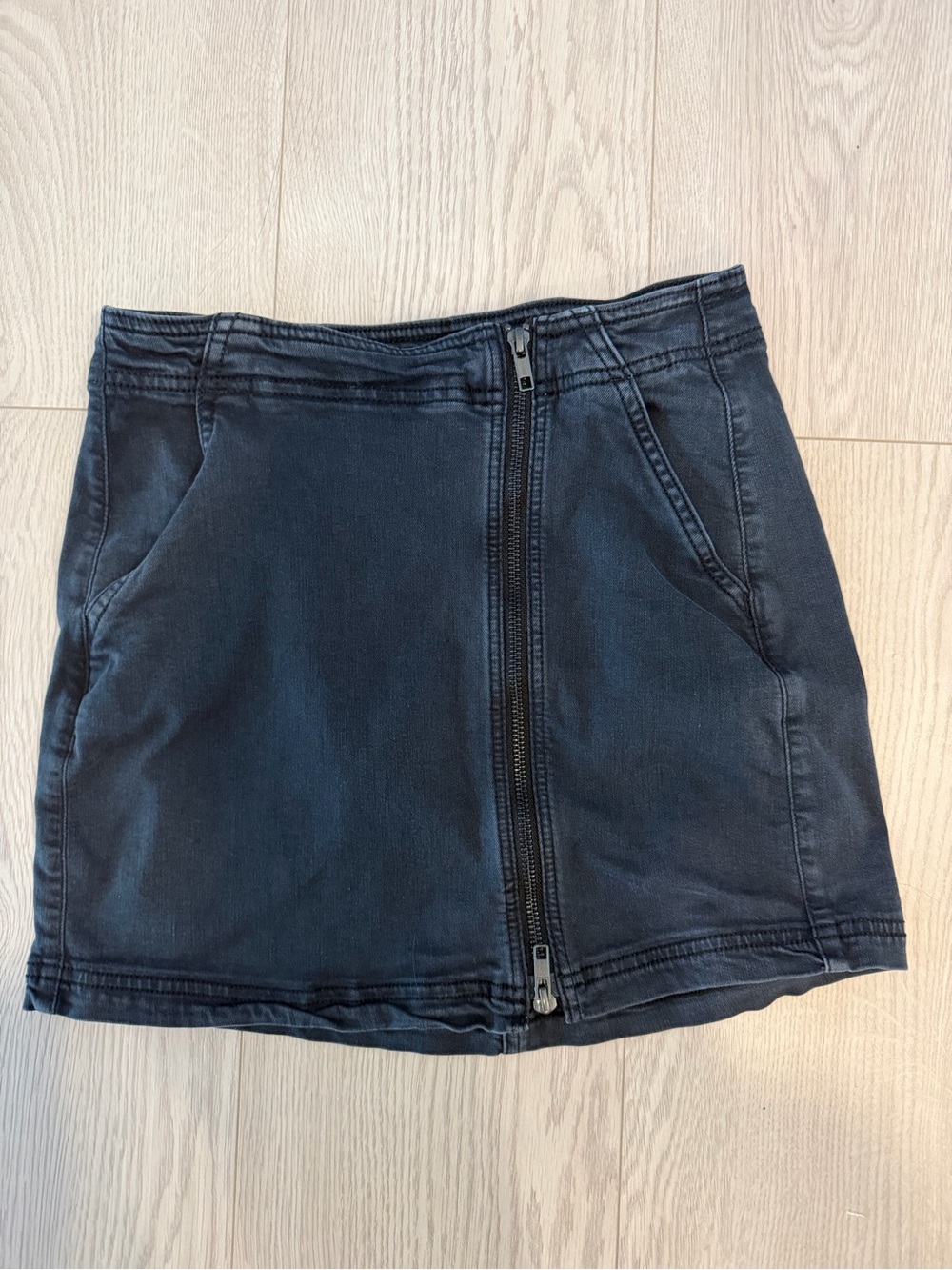 Black denim zip front skirt
